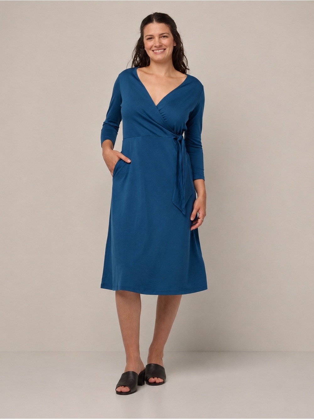 Wool& Ellie Wrap Dress Blue Teal Merino Wool Blend Midi 3/4 Sleeve L